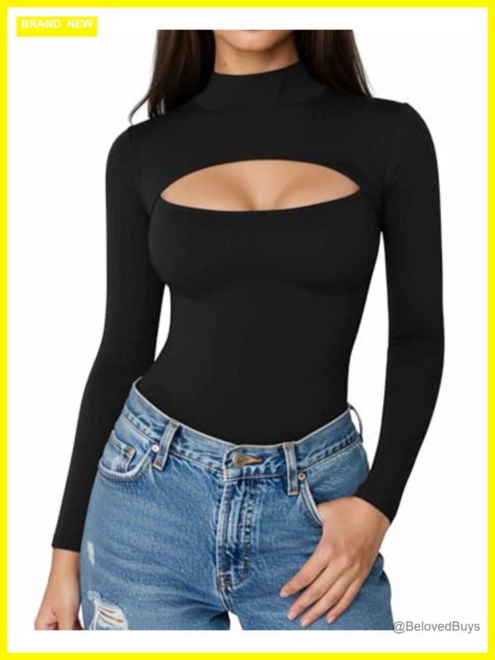 Mock Turtle Neck Cut Out Long Sleeve Top Fitted Tee for Women